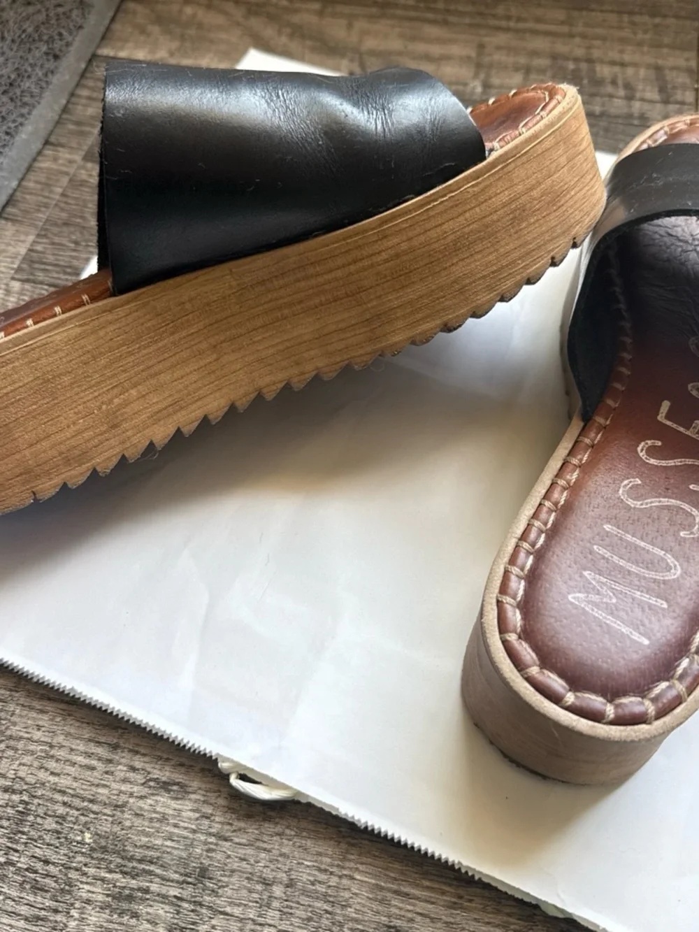 Musse & Cloud Black and Brown Leather Platform Slide Sandals